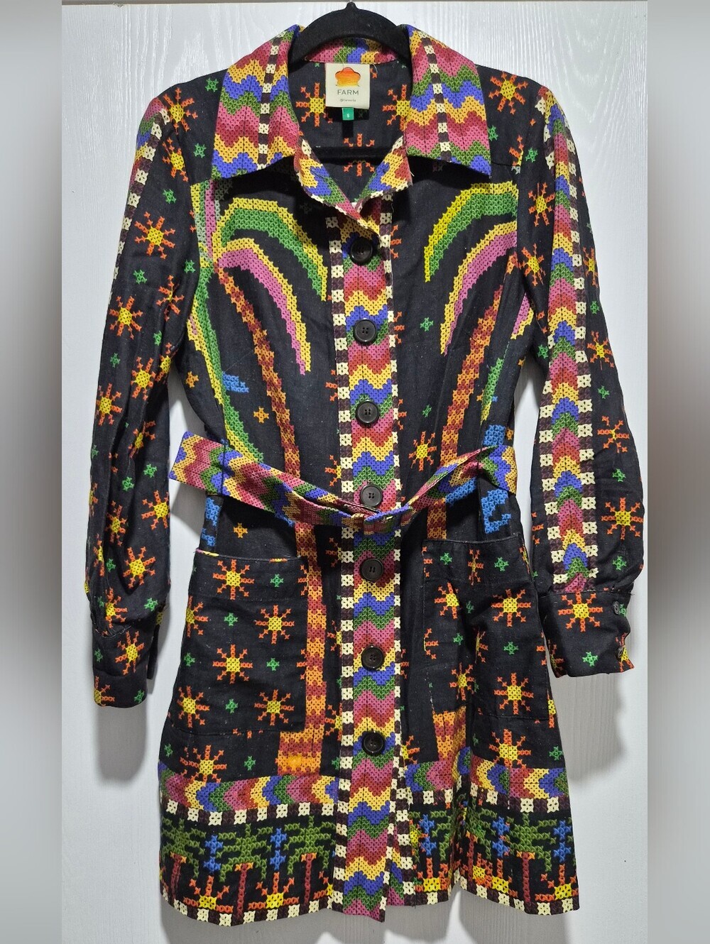 Farm Rio Macaw Night Long Sleeve Linen Blend Mini Colorful Belt Dress Size S - Picture 4 of 15